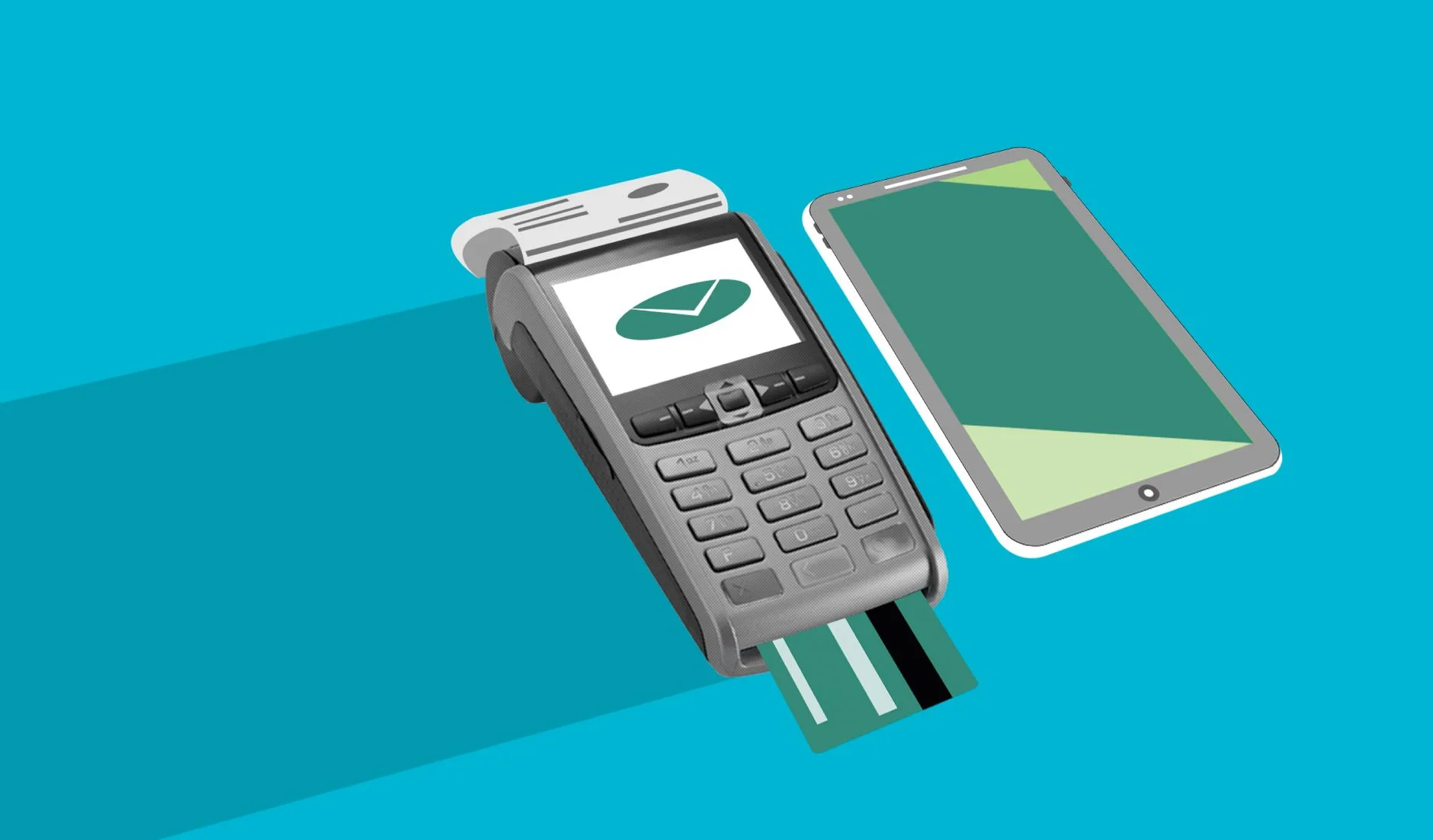 Cutout paper illustration of a POS terminal, credit card and smartphone on blue background
