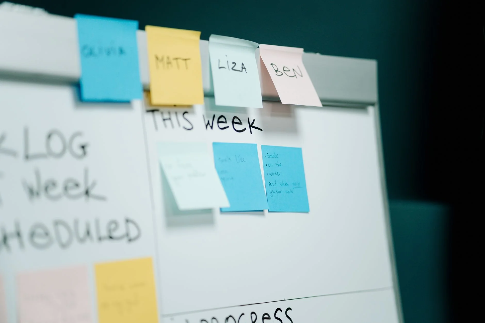 Close-up of a whiteboard with sticky notes for task organisation and planning