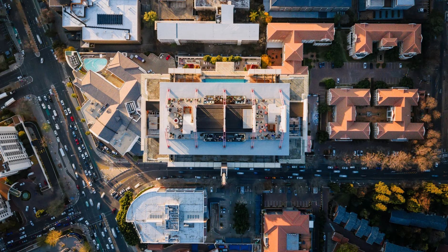 Aerial view of Sandton at golden hour, showing business node identity