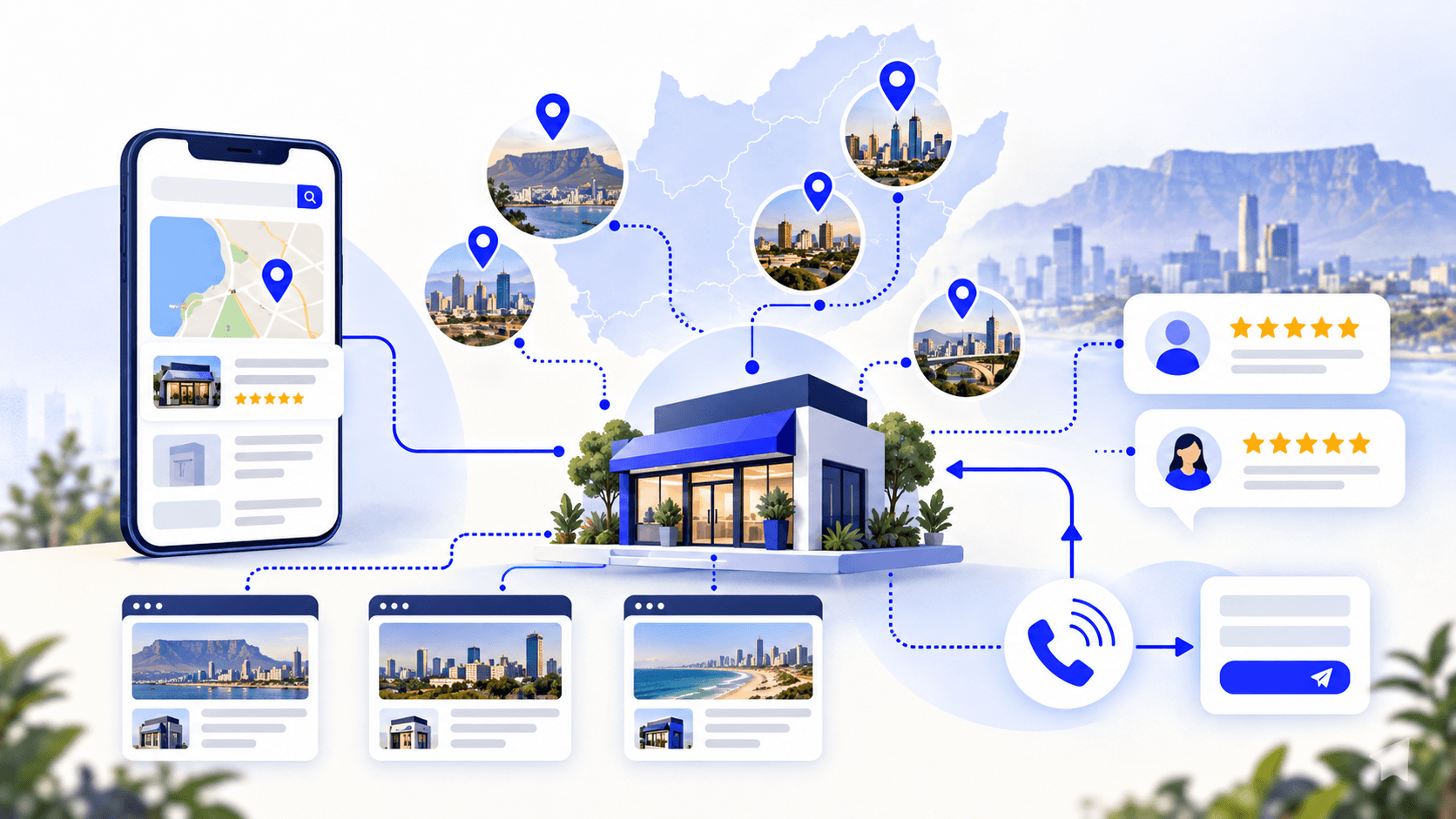A local SEO operating system connecting an accurate business profile, South African service areas, distinct website pages, reviews and phone or form enquiries.